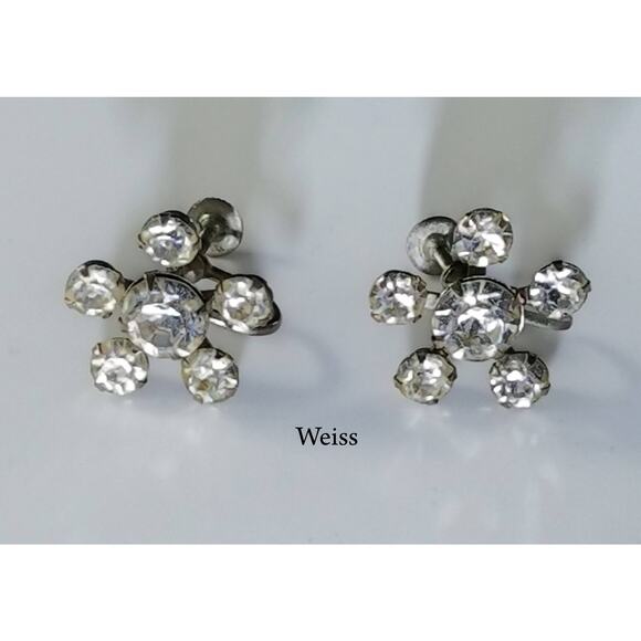 Vintage Weiss Flower Rhinestone Screw Back Earrings, 1950's , 3/4 Inch - Picture 10 of 10